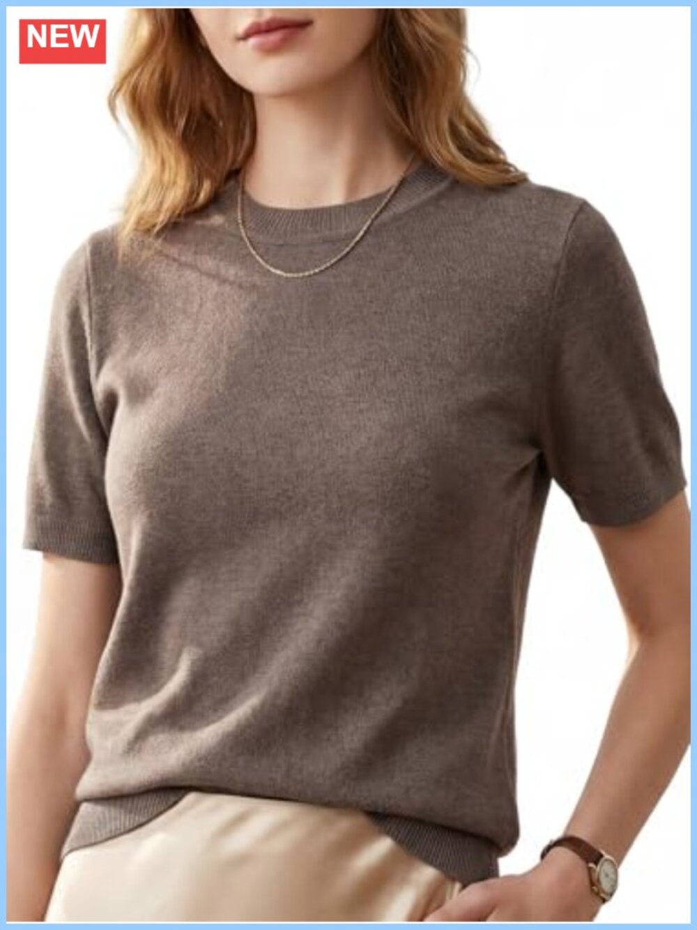 Short Sleeve Sweater Top Lightweight Wool Blend Knit Crewneck Pullover Work